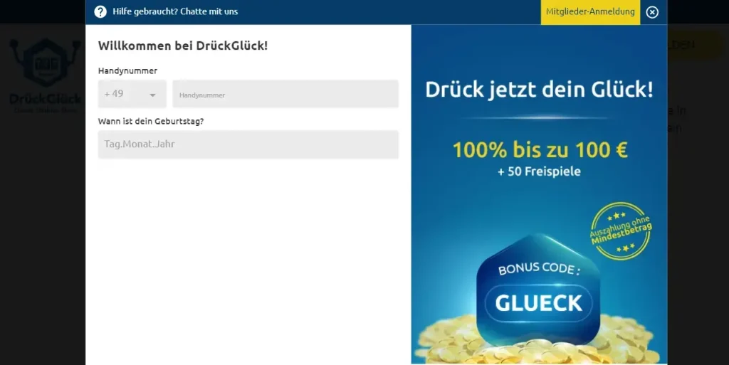 DrueckGlueck Anmeldung